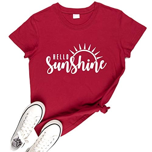 Book Cover Hello Sunshine T Shirt Women Summer Cute Graphic Vacation Shirt Short Sleeve Print T Shirt Nature Shirt(2XL,Wine Crew)