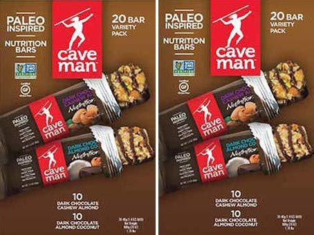 Book Cover (2 Pack Total 40 Bar) Paleo Caveman Two Variety Pack 20 Bar 10ct Dark Chocolate Cashew Almond & 10ct Dark Chocolate Almond Coconut 1.4oz Each