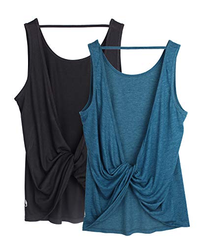 Book Cover icyzone Workout Tank Tops for Women - Open Back Strappy Athletic Tanks, Yoga Tops, Gym Shirts(Pack of 2)