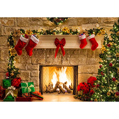 Book Cover 7x5ft Durable/Soft Fabric Christmas Fireplace Theme Backdrop Tree Sock Gift Decorations for Xmas Party Supplies Photo Background Pictures Banner Photography Studio Decor Booth Props
