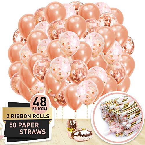 Book Cover Rose Gold Confetti Balloons 48 Pack with 2 Ribbons & 50 Colored Paper Straws - Foil & Latex Rosegold Balloon Set for Graduation Party, Baby Shower, Wedding, Engagement, Birthday Parties & More