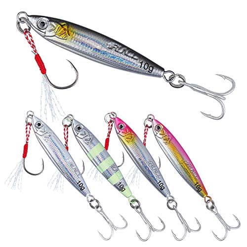 Book Cover RUNCL Jigging Lures, Metal Lures, Fishing Jigging Spoons - Fish Profile, UV Coating, Gold Finish, 3D Lifelike Eyes, Hand-Tied Bucktail Trailer - Hard Lures (Pack of 5)