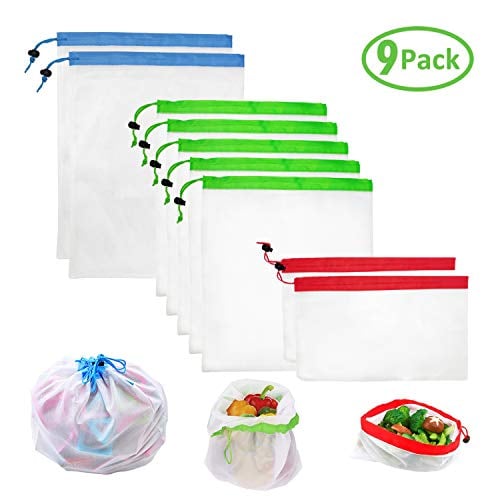 Book Cover Gevin Reusable Produce Bags, 9 Pcs Lightweight Washable Mesh Bags for Storage Fruit Vegetables and Toys, 3 Sizes(12x8in, 12x14in, 12x16in)