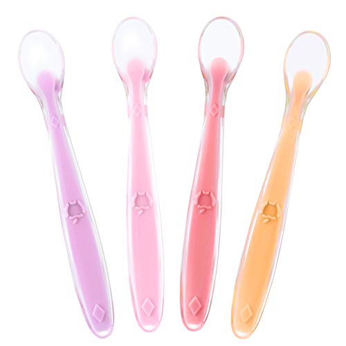 Book Cover Best First Stage Baby Girls Spoons BPA Free, 4-Pack, Soft Silicone Baby Spoons Training Spoon Gift Set for Infant (Girls Set)