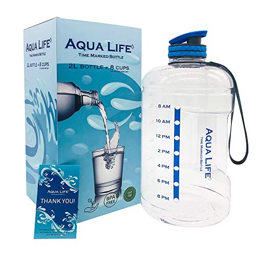 Book Cover AquaLife Half Gallon Water Bottle Motivational Fitness Workout with Blue Time Marker Drink More Daily Clear BPA Free Reusable Leak Proof Drinking Jug for Outdoor Camping Plastic Sports Marked 73oz