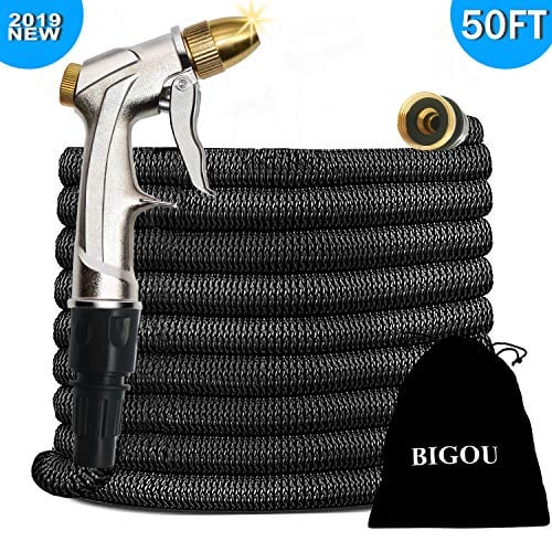 Book Cover BIGOU 50ft Garden Hose - 2019 Expandable Water Hose 3/4'' Solid Brass Fittings Hose Pipe with Heavy Duty Metal Spray Nozzle Gun Leakproof & Flexible for Watering Plants Car Wash etc