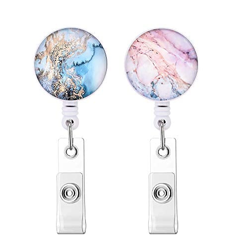 Book Cover Souarts 2PCS Nurse Badge Holder Retractable Badge Reel Clip ID Protection Clip Badge Holder Clip Easy to Use Resistant Marble Style