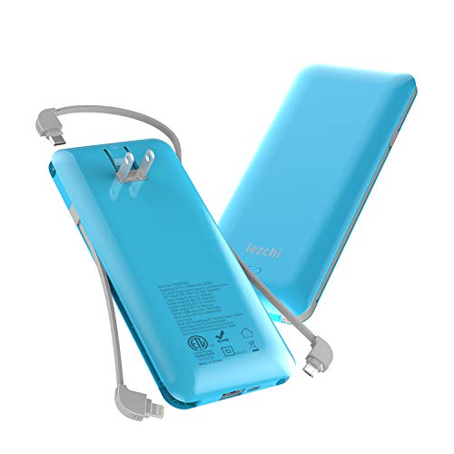 Book Cover 10000mAh Power Bank, USB C Portable Charger, Ultra Slim External Battery Pack with Built-in Charging Cables, AC Plug, USB Ports Compatible with iPhone, Samsung Galaxy and More (Blue)