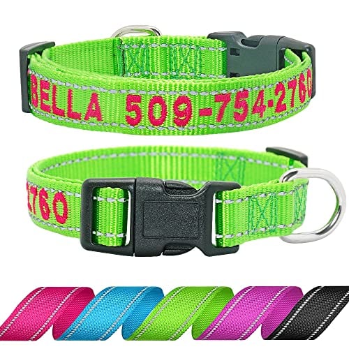 Book Cover Didog Personalized Embroidered Dog Collar with Pet Name & Phone Number, Reflective Custom Dog Collar for Small Medium Large Dogs,Green Collar,Hot Pink Thread