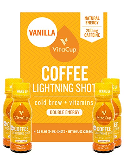 Book Cover VitaCup Lightning Vanilla Cold Brew Infused Coffee Shots [4 Pack] 200 mg Double Caffeine from Green Coffee Bean | 2.5 oz Ready to Drink High Energy Boost with Vitamins B1, B5, B6, B9, B12, D3