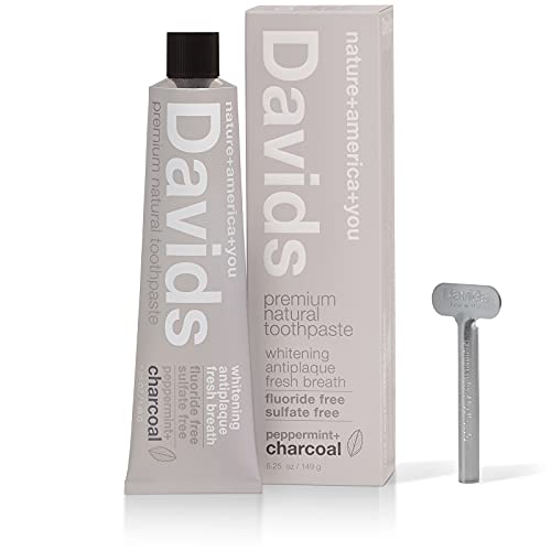 Book Cover Davids Natural Whitening Charcoal Toothpaste, Peppermint, Antiplaque, Fluoride Free, SLS Free, 5.25 OZ, Metal Tube, Tube Roller Included