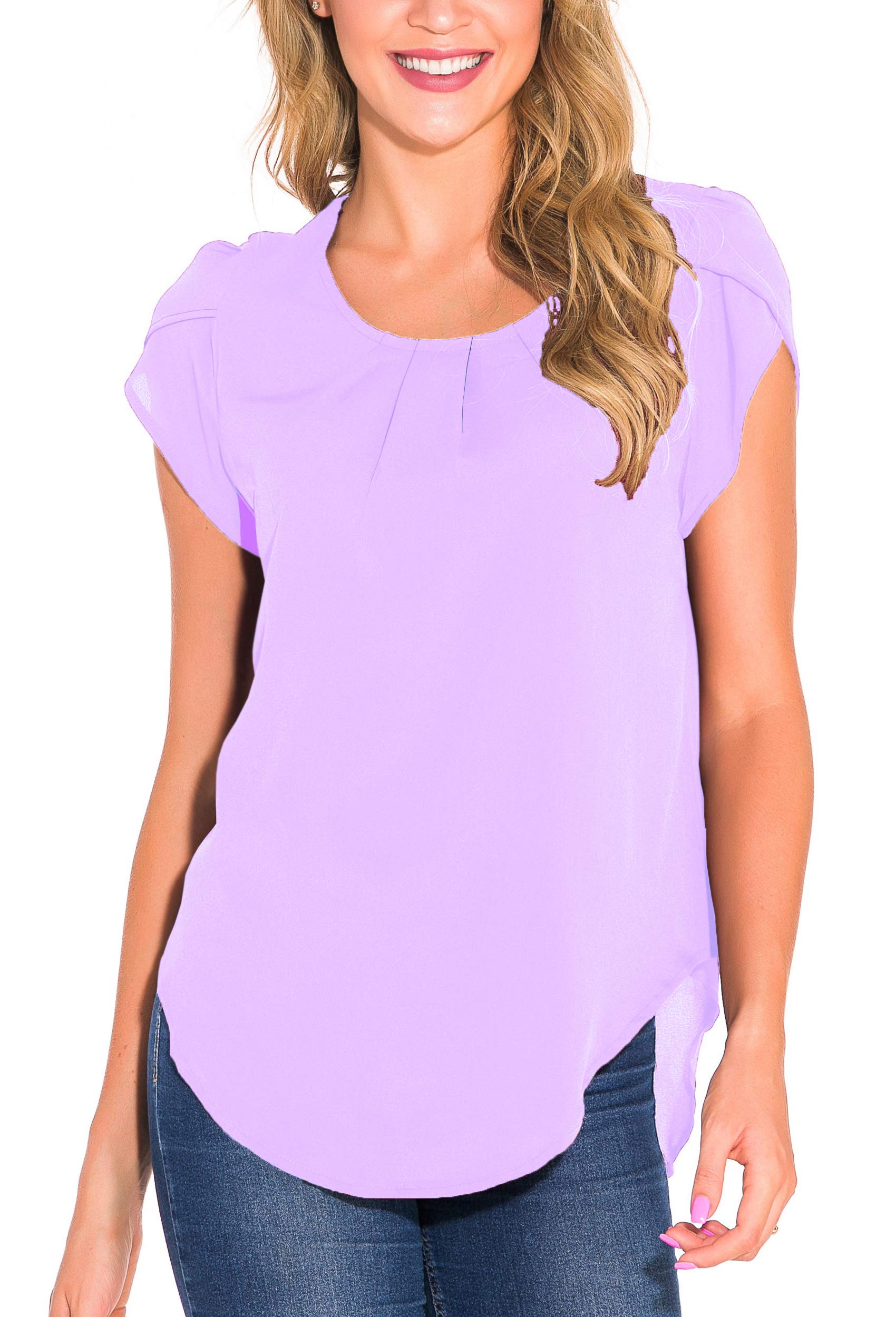 Book Cover Fronage Women's Summer Short Sleeve Pleated Tops Work Casual Keyhole Back Shirts Blouse Small Light Purple