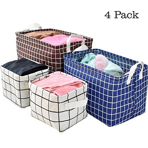 Book Cover Storage Basket Bins, 4 Pack Toy Storage Organizers Collapsible Baskets Cloth Containers Organizer with Carry Handles for Linens, Towels, Toys, Drawers, Home Closet, Shelf, Nursery, Cabinet