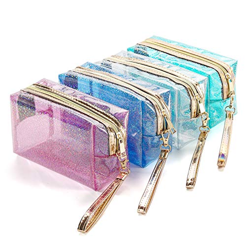 Book Cover 4Pcs Waterproof Cosmetic Bags PVC Transparent Zippered Toiletry Bag with Handle Strap Portable Clear Makeup Bag Pouch for Bathroom, Vacation and Organizing