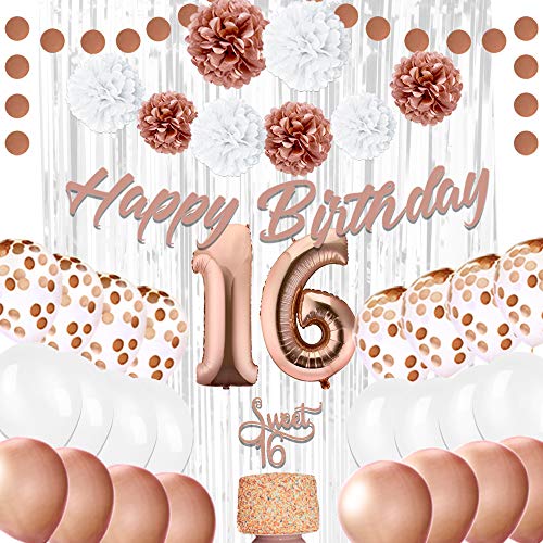 Book Cover EpiqueOne 16th Birthday Party Decorations - Balloons Party Supplies Kit - Sweet 16 Rose Gold Décor with 2 Silver Curtains, Balloons, Banner, Mylar & Pompons - Royal Event Décor Props for Girls