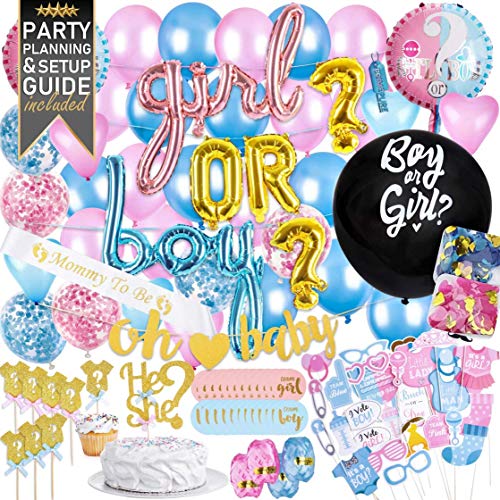 Book Cover Gender Reveal Decorations - 111 Piece Premium Kit | Gender Reveal Party Supplies, Gender Reveal Balloon, Boy or Girl Balloons, He or She Topper, Baby Gender Reveal Decor | Revelacion de Genero de Bebe