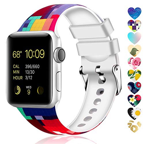 Book Cover Moretek Colorful Band Compatible for Apple Watch 38mm 42mm 40mm 44mm,Soft Silicone Sport Replacement Strap for iWatch Series 5 4 3 2 1, Nike+, Edition Women Men