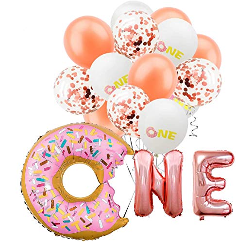Book Cover Donut Balloon Kit - 26Pcs - First Birthday Party Decorations - Donut One Foil Letter Balloons | 7Rose Gold Balloon | 7Rose Gold Confetti Balloon | 7ONE Printed Balloon | 1Ribbon