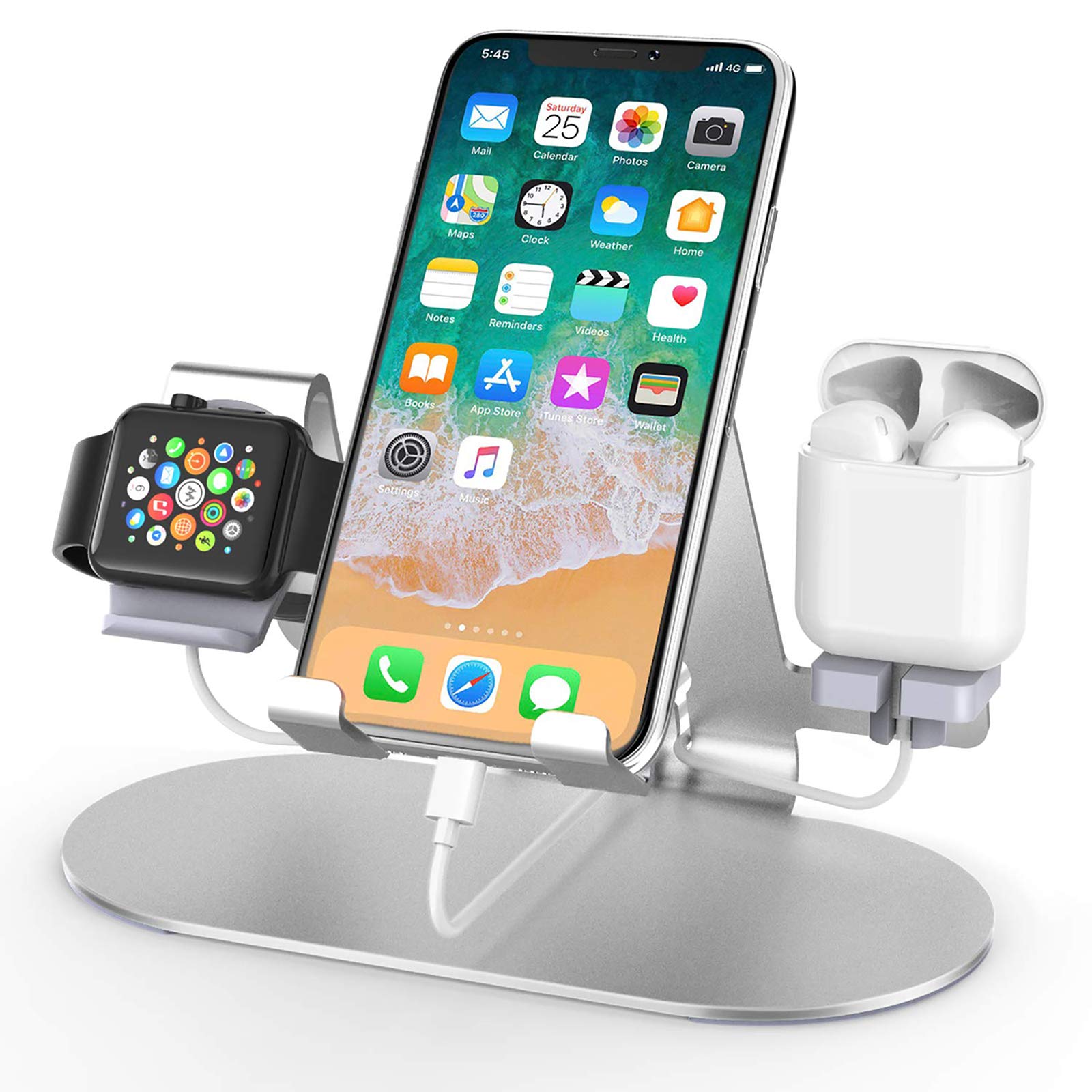 Book Cover 3 in 1 Phone Stand for Desk Aluminum Apple Watch Charger Stand Phone Holder for iPhone 14 13 12 11 All Series, iWatch Series 8/SE2/7/6/SE/5/4/3/2, AirPods, iPad Silver