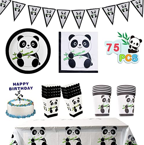 Book Cover DreamJ 121Pcs Panda Party Supplies, Panda Disposable Tableware Set with Panda Plates Cups Napkins Straws Panda Banner Tablecloth Popcorn Boxes Cake Topper Dragon Blowing For Baby Shower Decorations