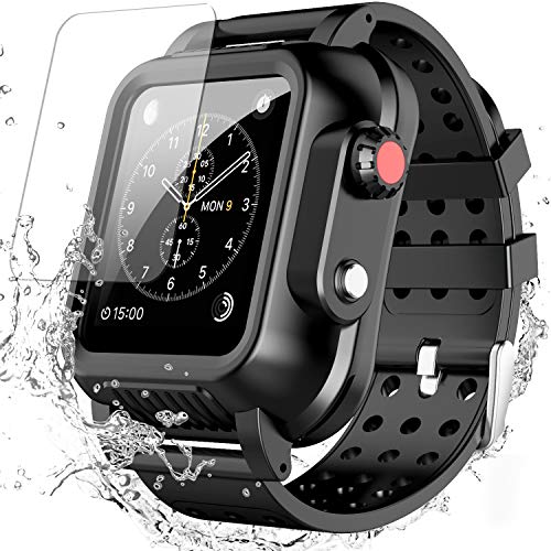 Book Cover Waterproof Case for Apple Watch Series 3 42mm with Premium Soft Silicone Band, SPIDERCASE Built-in Screen Protector Full Body Rugged Armor Case, Anti-Scratch, Shockproof, for Apple Watch Series 3 42mm