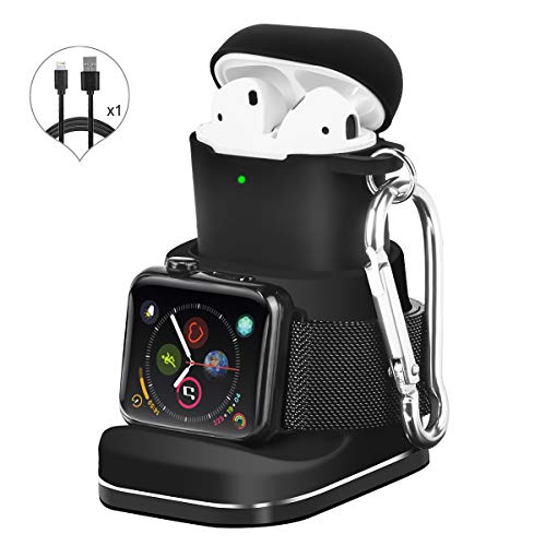 Book Cover Kuvcco 2-in-1 Charging for Apple Watch Charger Stand,Desk Charging Dock for Airpods, Portable Charger Station for iWatch Series 6 /SE /5/4 /3/2 /1&Airpods 2/1 (Black)