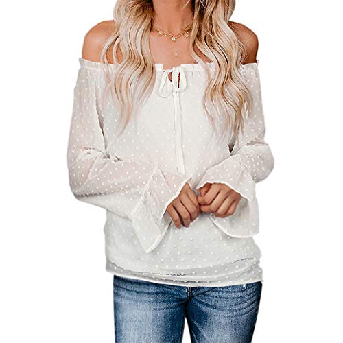 Book Cover RUUHEE Women Long Bell Sleeve Blouses Off Shoulder Chiffon Casual Tee Crop Top