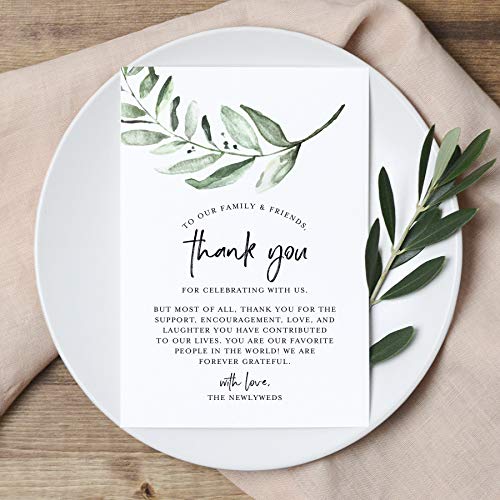 Book Cover Bliss Collections Greenery Wedding Thank You Place Setting Cards, 4x6 Print to add to Your Table Centerpieces and Wedding Decorations - Pack of 50