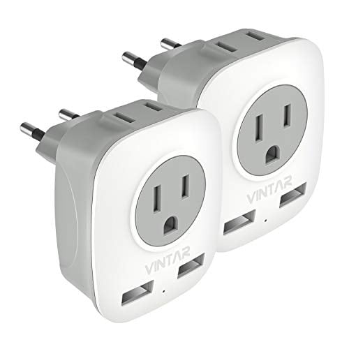 Book Cover [2-Pack] European Travel Plug Adapter, VINTAR International Power Adaptor with 2 USB Ports,2 American Outlets- 4 in 1 Outlet Adapter,Travel Essentials to Italy,Greece,Israel,France, Spain (Type C)