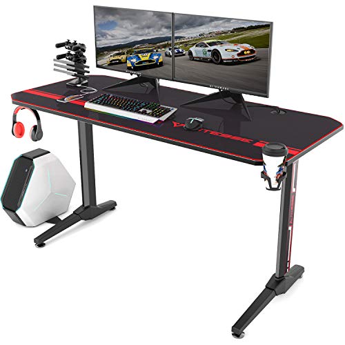 Book Cover Vitesse 55 inch Gaming Desk T Shaped Computer Desk with Free Large Mouse pad, Racing Style Professional Gamer Game Station with USB Gaming Handle Rack, Cup Holder & Headphone Hook (Black)