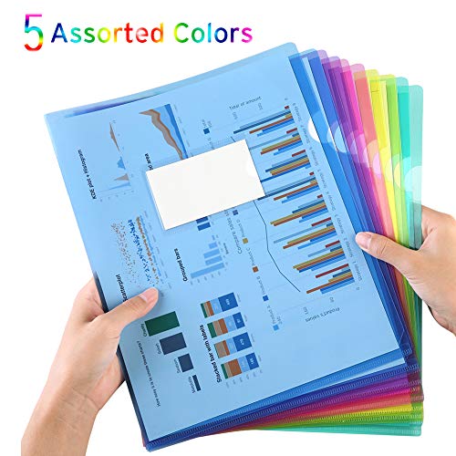 Book Cover Clear Document Folder Project Pockets, Sooez 10 Pack Letter Size Plastic Document Folders with Label Pocket, US Paper Poly Jacket Sleeves Folders Transparent L-Type, Assorted Color