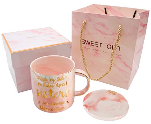 Book Cover Tergi Sister Gifts - Gifts for Sister - Side by Side or Miles Apart, Sisters Will Always be Connected by Heart - Sister Pink Marble Ceramic Coffee Mug 11.5 Oz with Coaster
