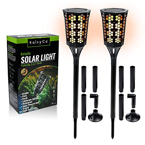Book Cover KaisyCo Outdoor Solar Lights (2-Pc. Set) Flickering 3-in-1 Torch | Garden, Patio, Porch, and Landscape Lighting | Waterproof, Solar-Powered Wall, Ground, Table Decoration