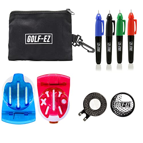 Book Cover Golf-EZ TRI-LINE Golf Ball Alignment Kit with Hat Clip Ball Marker and Carry Case | Swing Path Arrows & Ball Identifiers (Blue/Red)