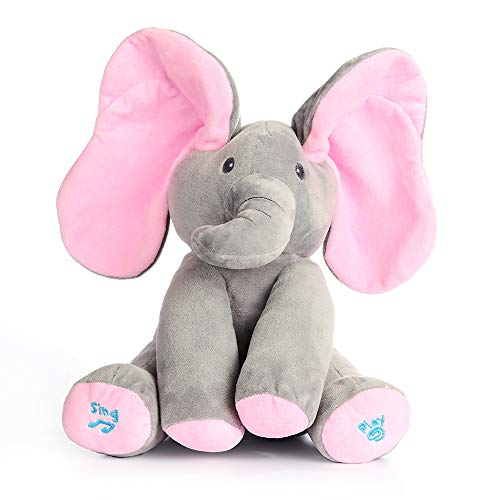 Book Cover Yudit Plush Toy peek-a-Boo Elephant, Hide and Seek Game Baby Animated Flappy Ear Elephant Plush Toy Stuffed Animals for Babies (Gray+Pink)