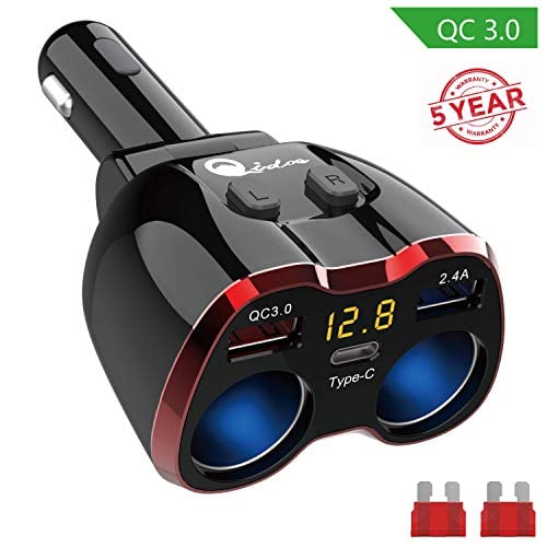 Book Cover Cigarette Lighter Splitter QC 3.0, 2-Socket USB C Car Charger Adapter Type C Multi Power Outlet 12V/24V 80W DC with LED Voltmeter Switch Dual USB Port for iPhone GPS Dashcam iPad Android Samsung