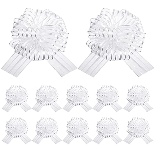 Book Cover 12 Pieces Pull Bow Large Organza Gift Wrapping Pull Bows with Ribbon for Wedding Gift Baskets (White, 8 Inch)