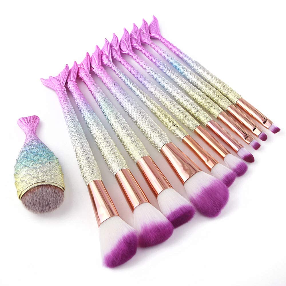 Book Cover Mermaid Makeup Brushes, 11pcs Professional Blending Blush Concealer Synthetic Fiber Bristles Brush Special Cosmetic Brushes Kits for Women(purple) Yellow & purple