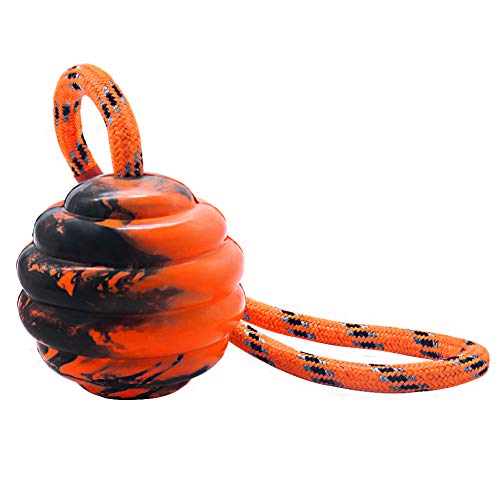 Book Cover Vivifying Dog Ball on a Rope, Interactive Natural Rubber Bouncy Ball for Fetch, Catch, Throw and Tug of War (Orange)