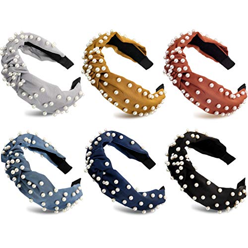 Book Cover 6 Pieces Pearl Headband Knot Turban Headband Silk Wide Headbands for Women and Girls (Style 2, Color Set 2)