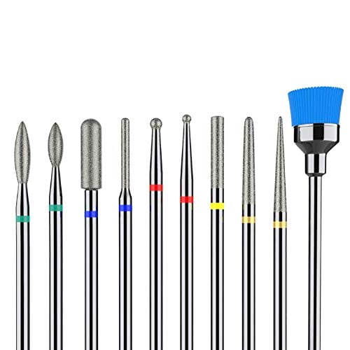 Book Cover MelodySusie 10pcs Nail Drill Bits Set, 3/32 Inch Diamond Cuticle Nail Bits Kit for Nail Drill E-File, Manicure Pedicure Remover Tools for Acrylic Gel Nails, Salon Home Nail Care Supplies, Silver