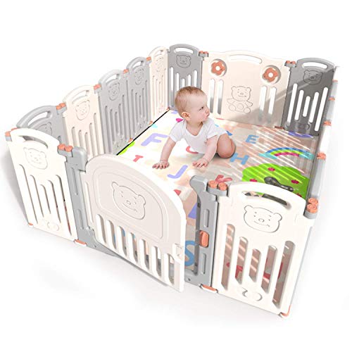 Book Cover Kidsclub Baby Play Area 14+2 Panel Activity Center Safety Playpen Play Yard for Toddler Foldable Portable HDPE Indoor Outdoor Play Pin Play Gates for Baby, Let Baby Play While Doing Housework/Cooking