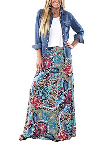 Book Cover Rainlover Women's Bohemian Floral Print Long Maxi Skirt