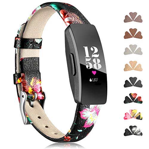 Book Cover Maledan Leather Bands Compatible with Fitbit Inspire HR & Inspire for Women Girls, Black/Red Floral, Large