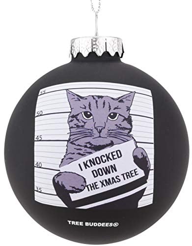 Book Cover Tree Buddees Hilarious Cat Mugshot - Knocked Down The Xmas Tree Funny Glass Christmas Ornament