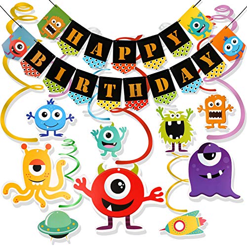 Book Cover Konsait Monster Bash Birthday Party Decorations, Monster Hanging Swirl Decoration and Happy Birthday Banner for Boys Girls Kids Birthday Party Supplies