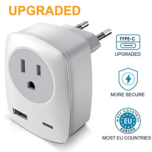 Book Cover European Travel Adapter, Upgraded European Plug Adapter with USB Type-C and USB Charging Port, EU to US Power Adapter for Most European Countries including France, Spain, etc (Plug Type C)
