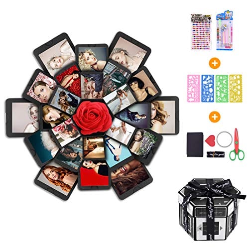 Book Cover Creative Explosion Box -Explosion Box DIY Photo Album Scrapbook 6 Faces Explosion Gift Box for Wedding Proposal Engagement Birthday Anniversary Gifts, Black