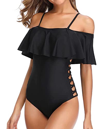 Book Cover Holipick Women Off Shoulder Swimsuits Tummy Control One Piece Bathing Suits Ruffle Swimwear for Teen Girls