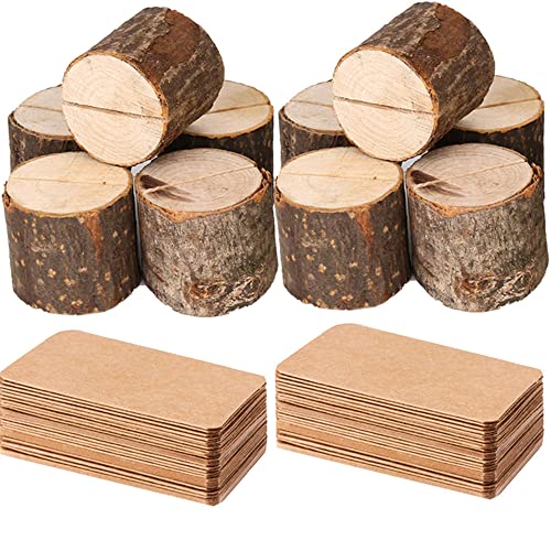Book Cover Toncoo Wood Place Card Holders, 10Pcs Premium Rustic Table Number Holders and 20Pcs Kraft Table Place Cards, Wood Photo Holders, Ideal for Wedding Party Table Name and More